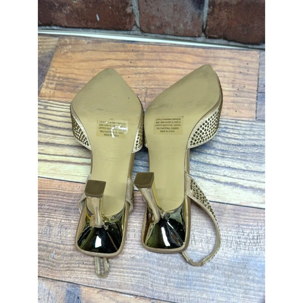 Halston Women's Hawaii Embellished Slingback Pointed Toe Heels Gold Rhinestone 8